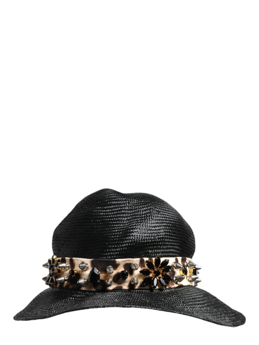 Black Straw Crystal Embellished Wide Brim Hat