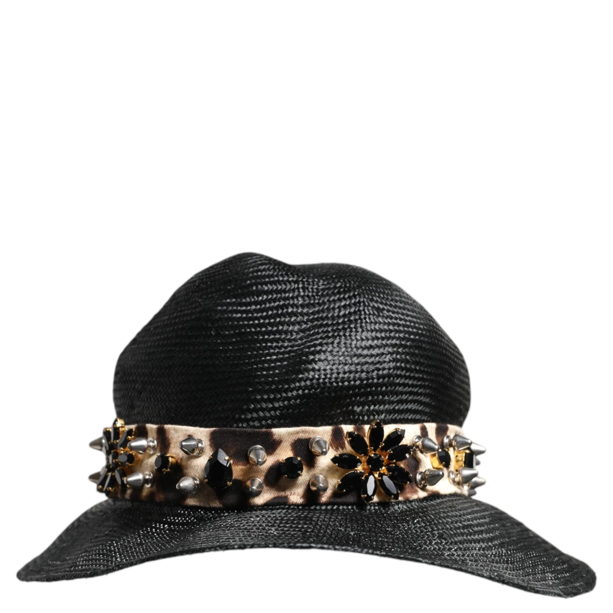 Black Straw Crystal Embellished Wide Brim Hat