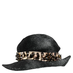Black Straw Crystal Embellished Wide Brim Hat