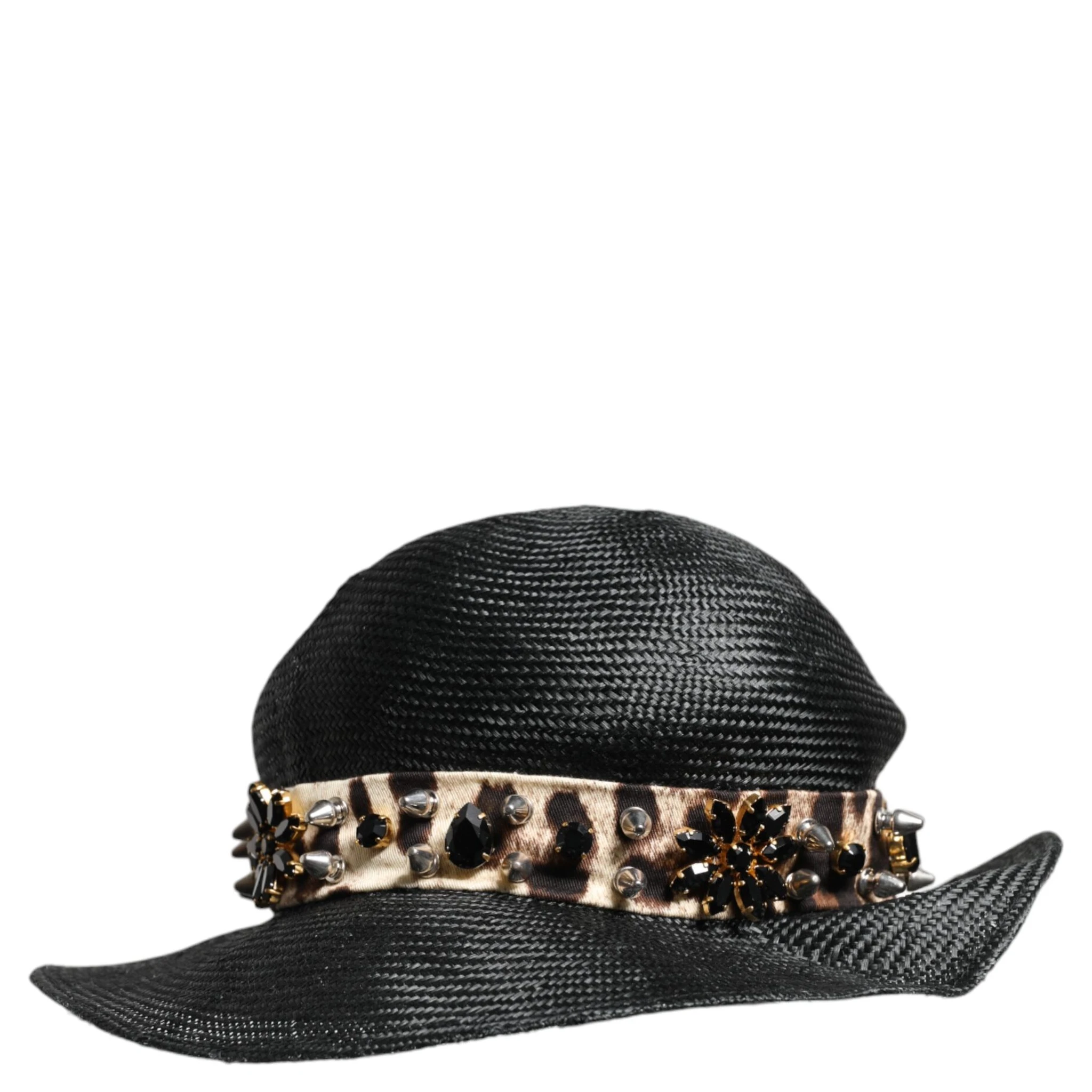 Black Straw Crystal Embellished Wide Brim Hat
