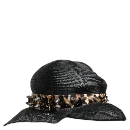 Black Straw Crystal Embellished Wide Brim Hat