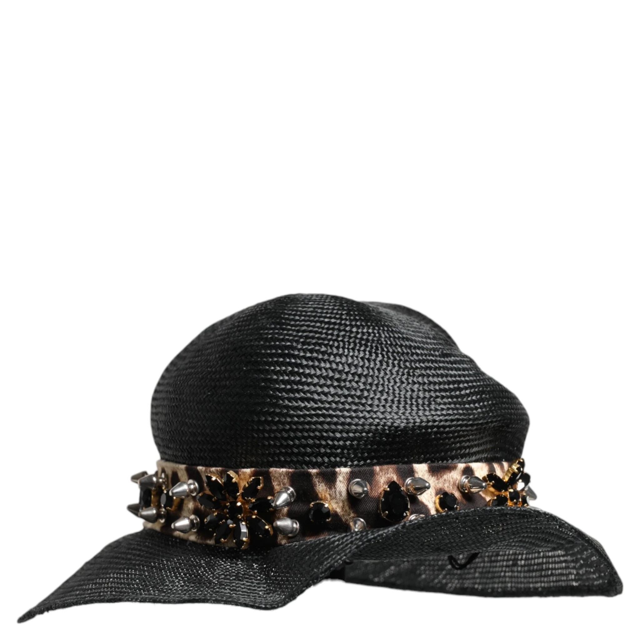 Black Straw Crystal Embellished Wide Brim Hat