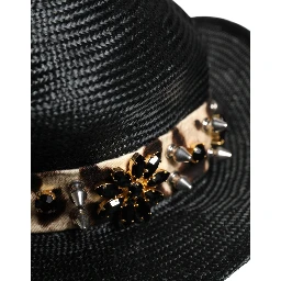 Black Straw Crystal Embellished Wide Brim Hat