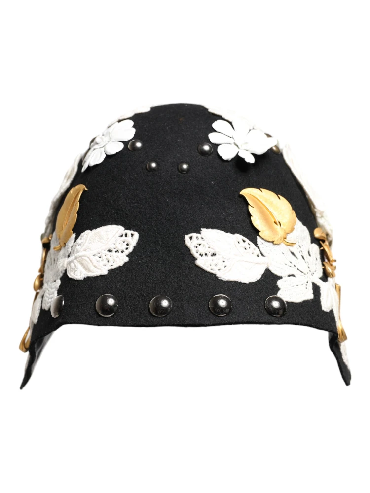 Black Wool White Floral Gold Leaf Cloche Hat