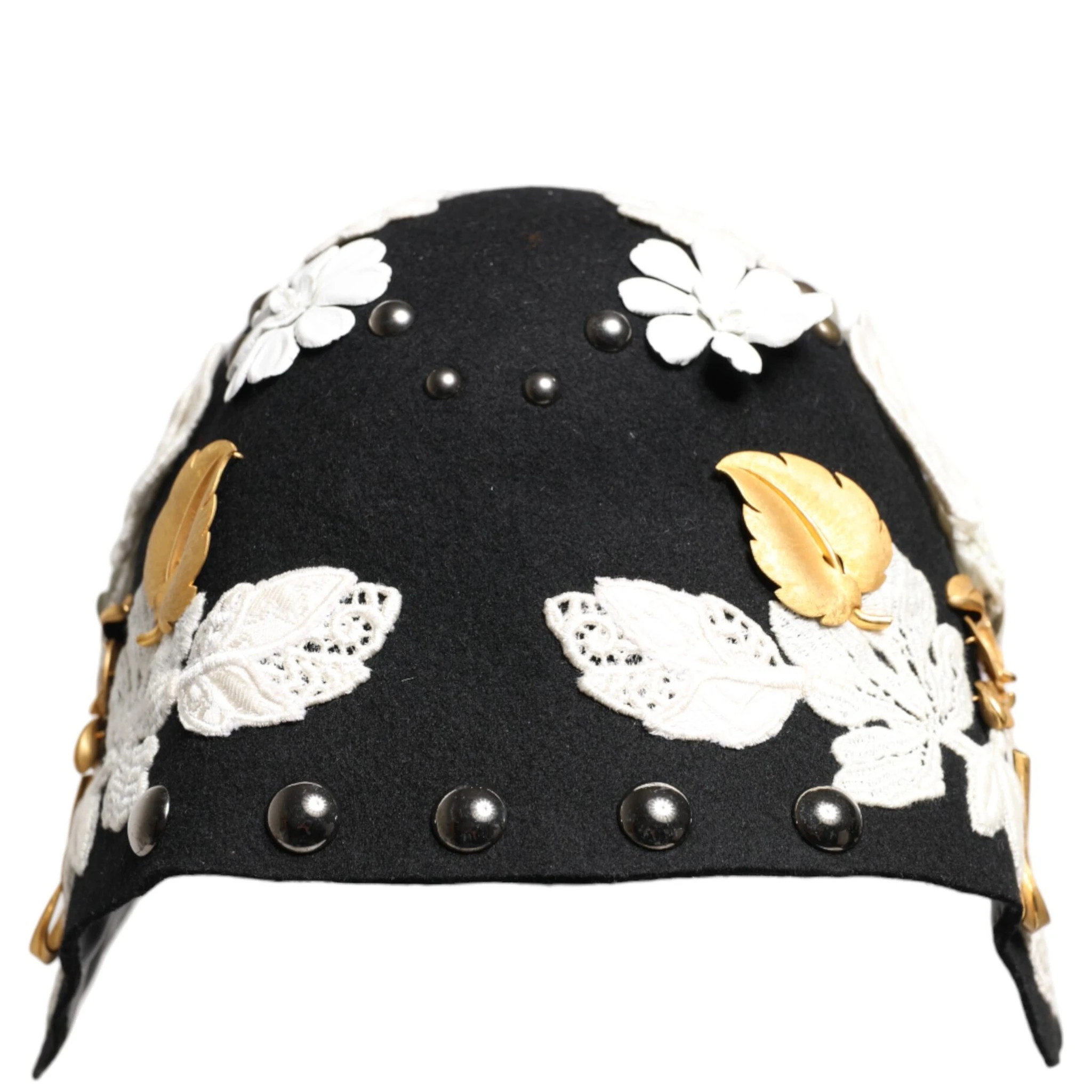Black Wool White Floral Gold Leaf Cloche Hat