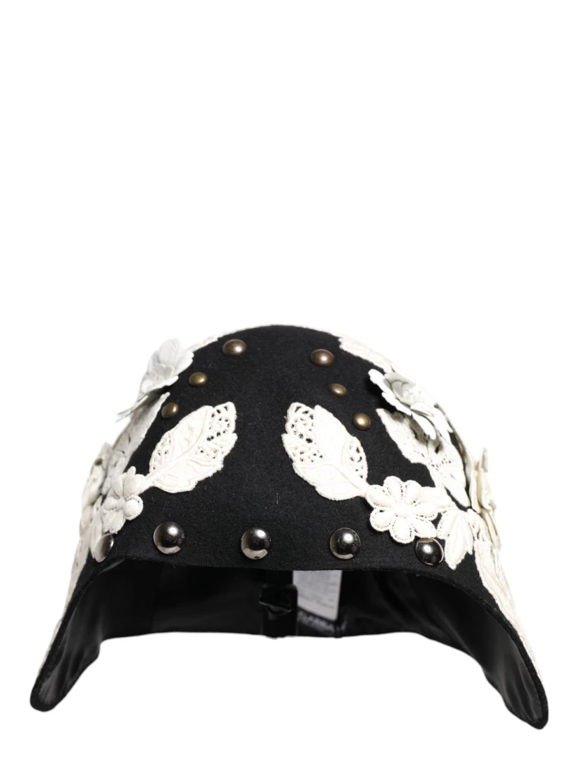 Black Wool White Floral Gold Leaf Cloche Hat