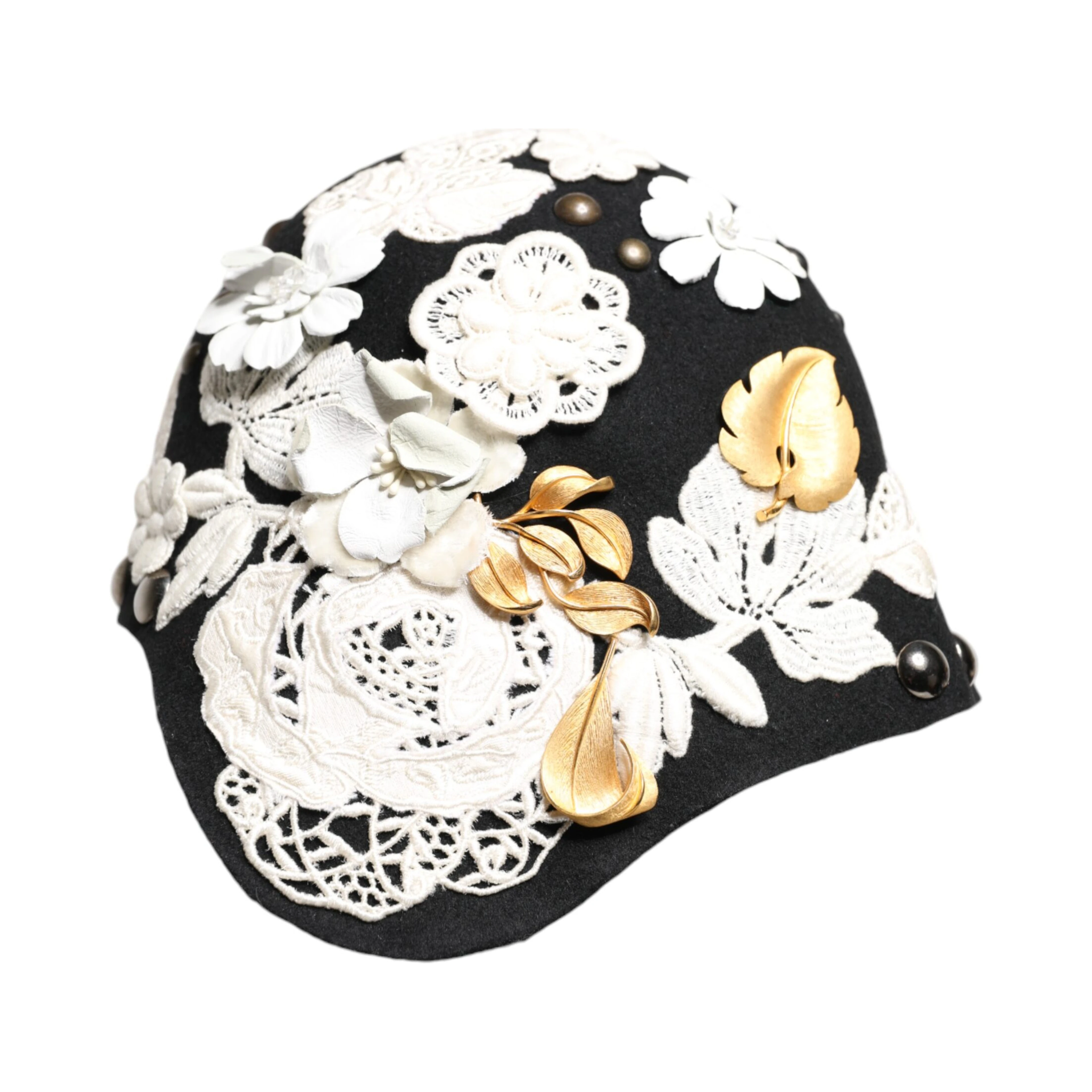 Black Wool White Floral Gold Leaf Cloche Hat