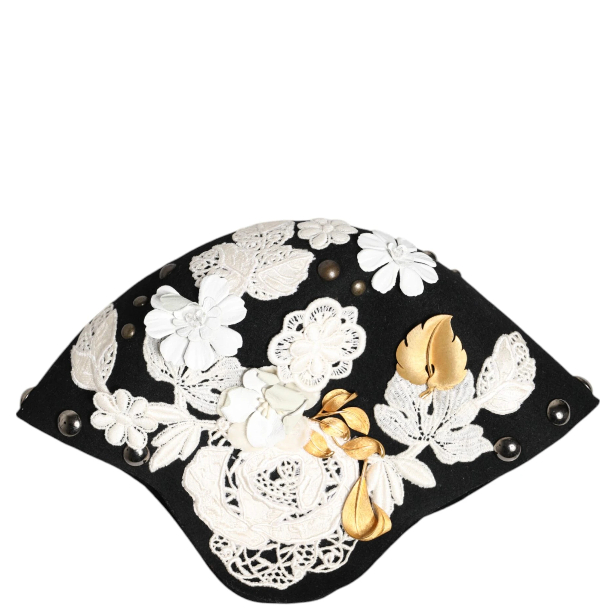 Black Wool White Floral Gold Leaf Cloche Hat
