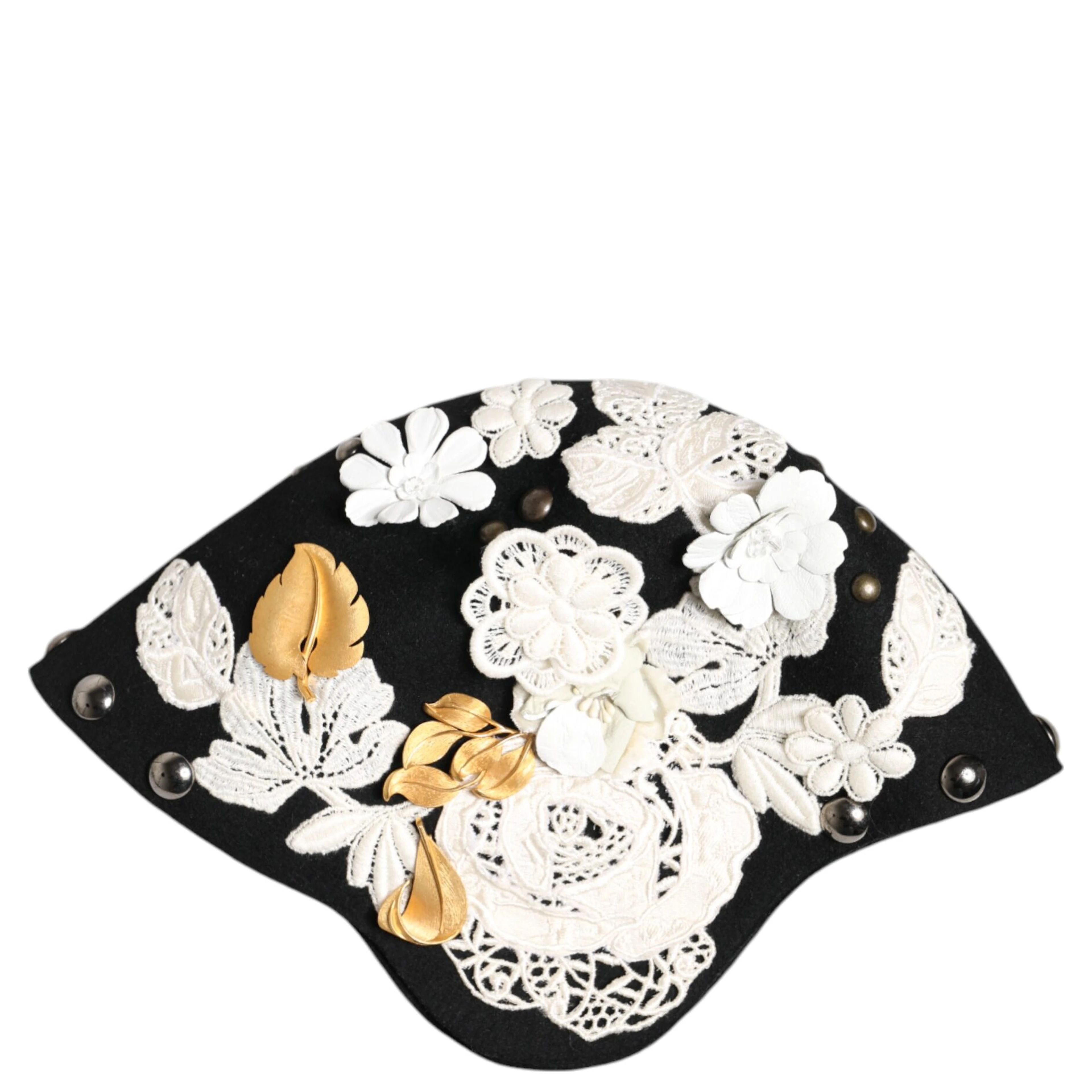 Black Wool White Floral Gold Leaf Cloche Hat