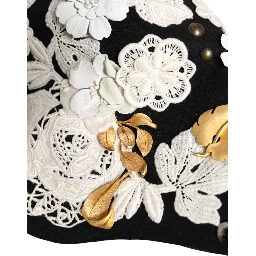 Black Wool White Floral Gold Leaf Cloche Hat