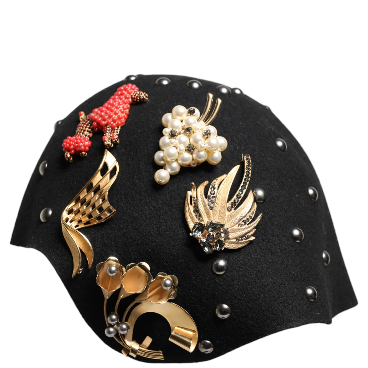 Black Wool Multicolor Embellished Cloche Hat