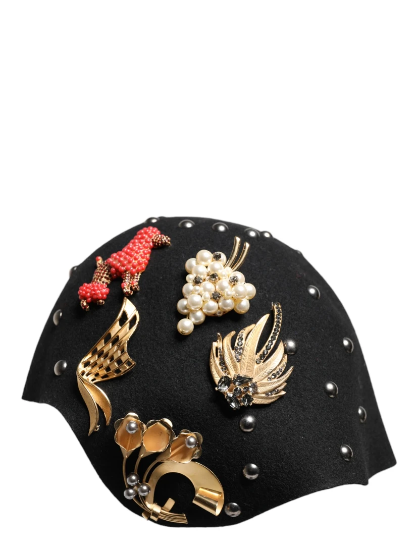 Black Wool Multicolor Embellished Cloche Hat