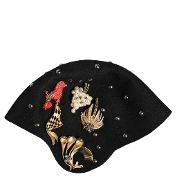 Black Wool Multicolor Embellished Cloche Hat