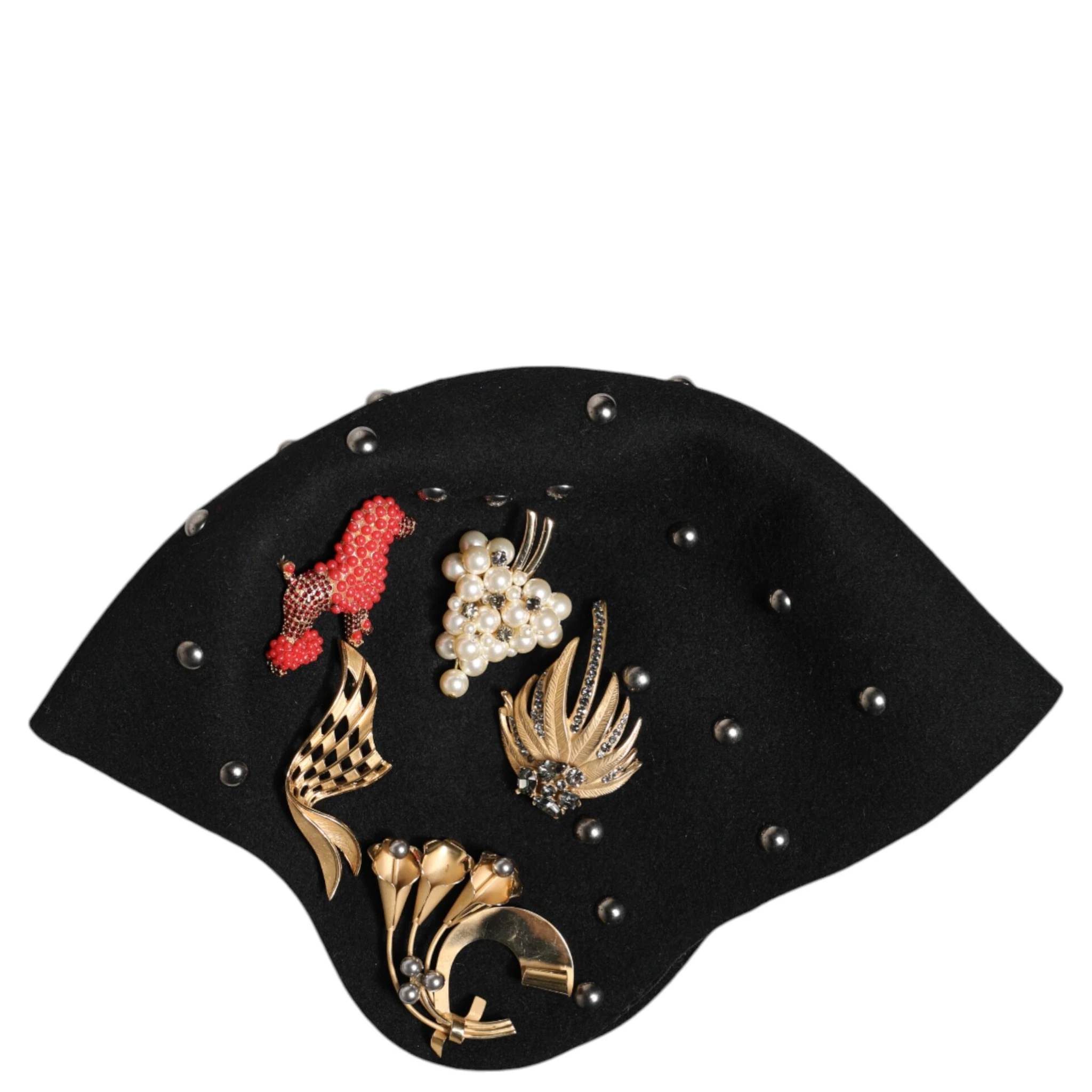 Black Wool Multicolor Embellished Cloche Hat