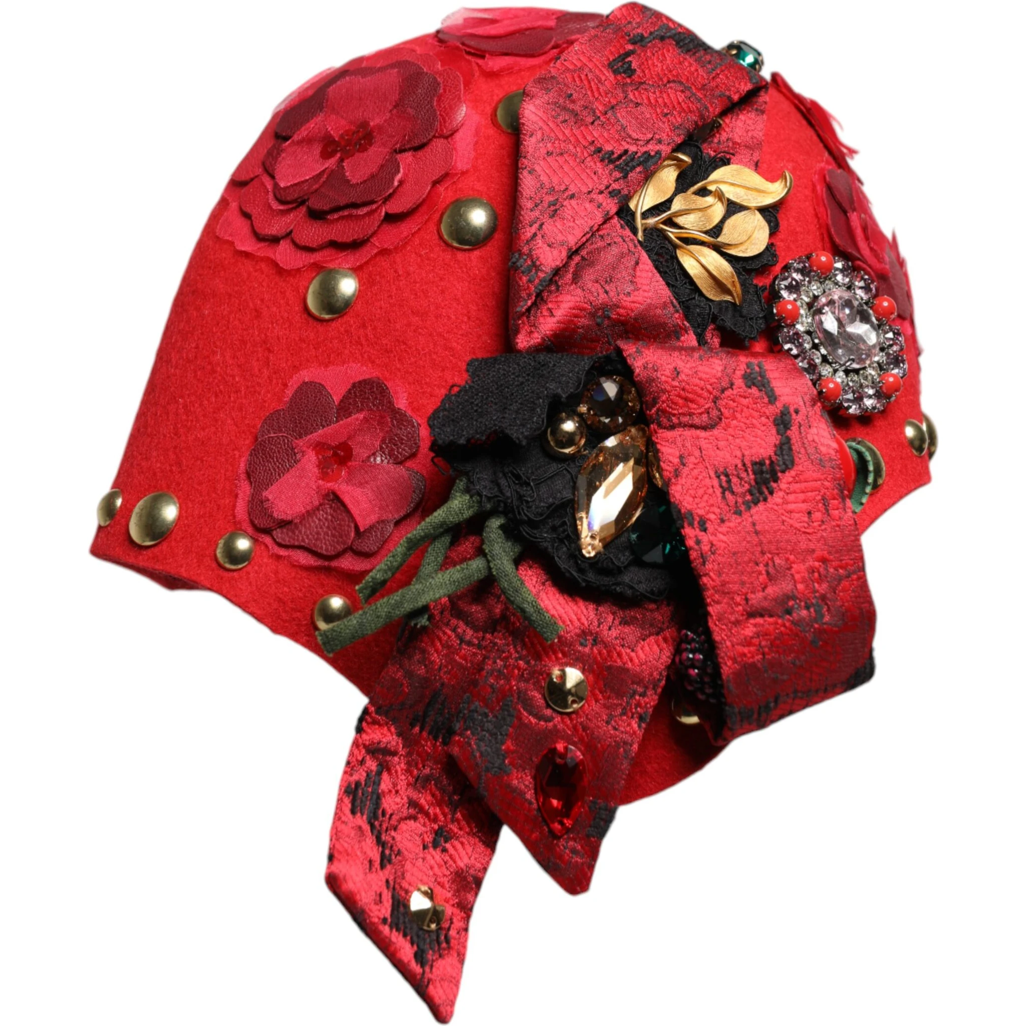 Red Crystal Gold Roses Brooch Embellished Hat