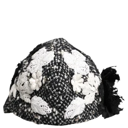 Black Wool White Floral Embellished Cloche Hat