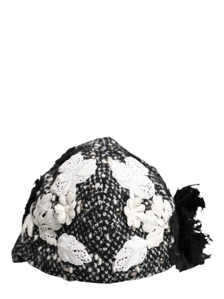 Black Wool White Floral Embellished Cloche Hat alternative