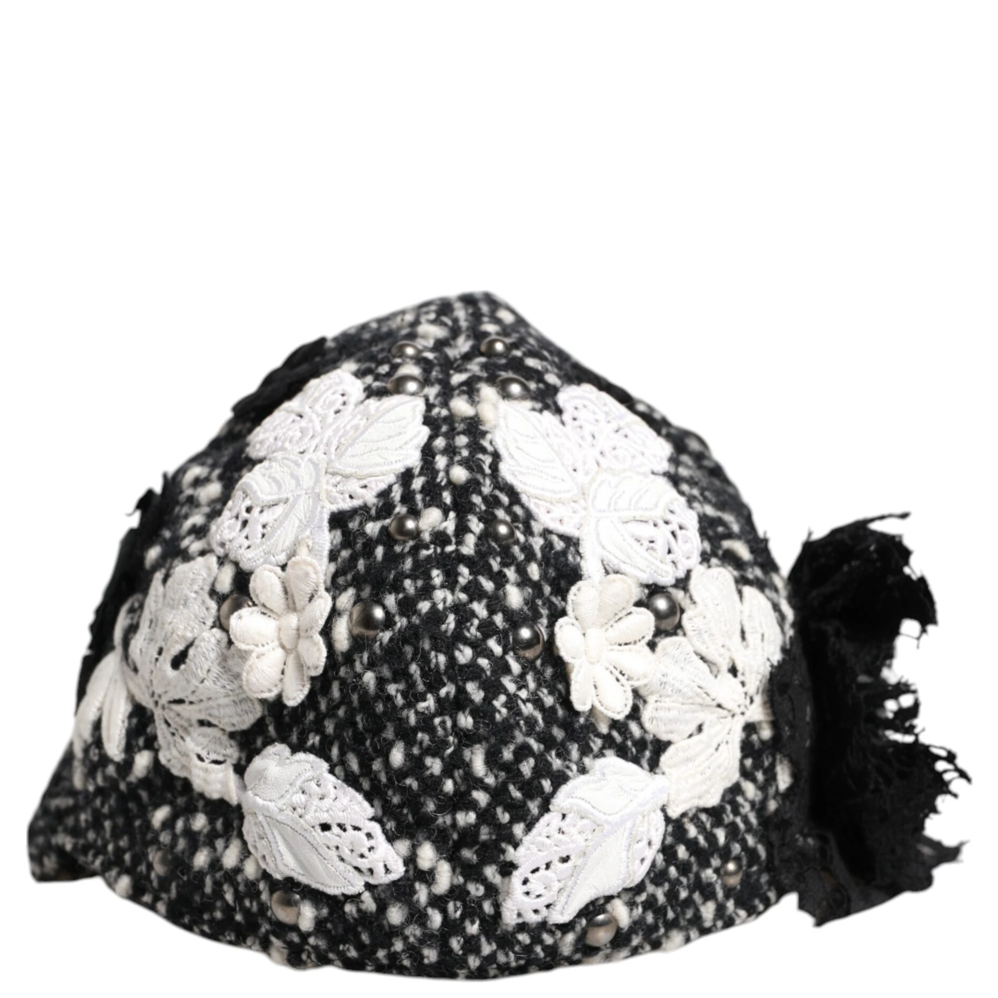 Black Wool White Floral Embellished Cloche Hat