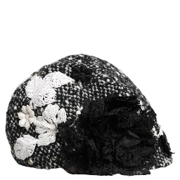 Black Wool White Floral Embellished Cloche Hat