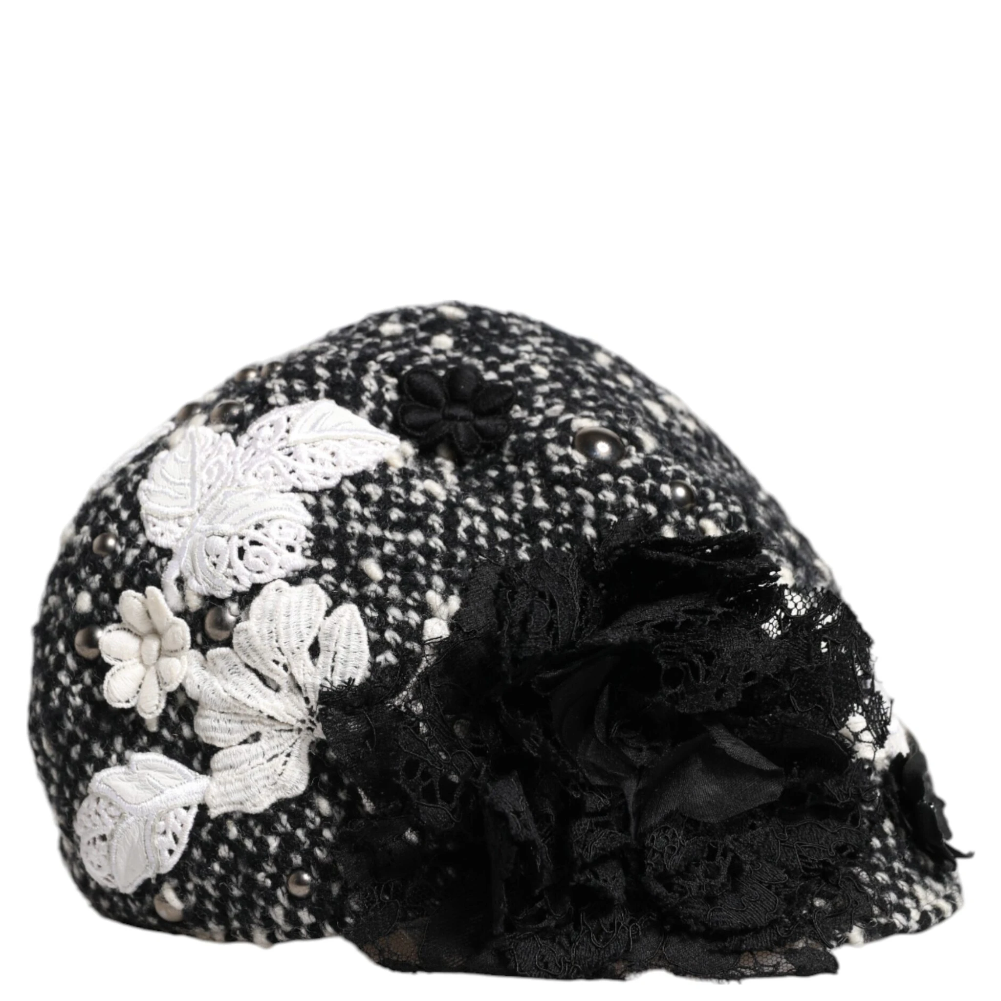 Black Wool White Floral Embellished Cloche Hat