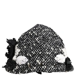 Black Wool White Floral Embellished Cloche Hat