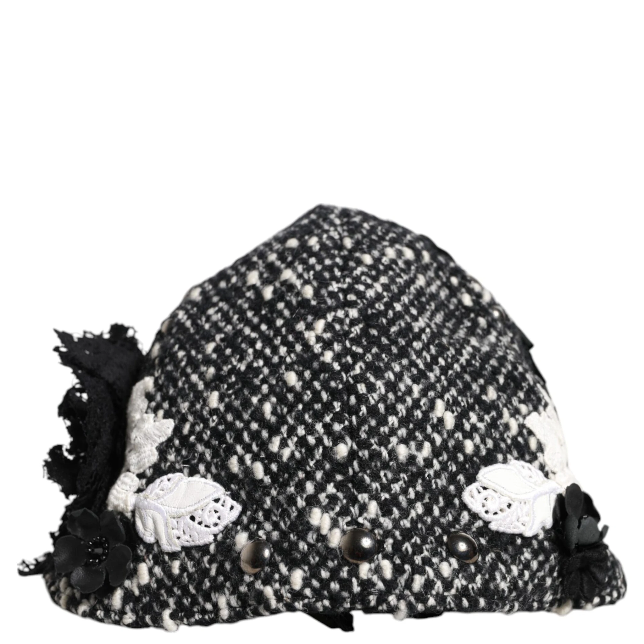 Black Wool White Floral Embellished Cloche Hat