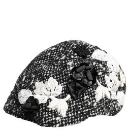 Black Wool White Floral Embellished Cloche Hat