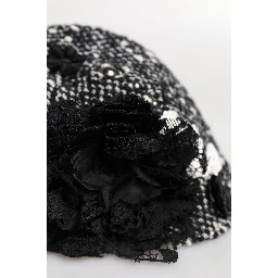 Black Wool White Floral Embellished Cloche Hat