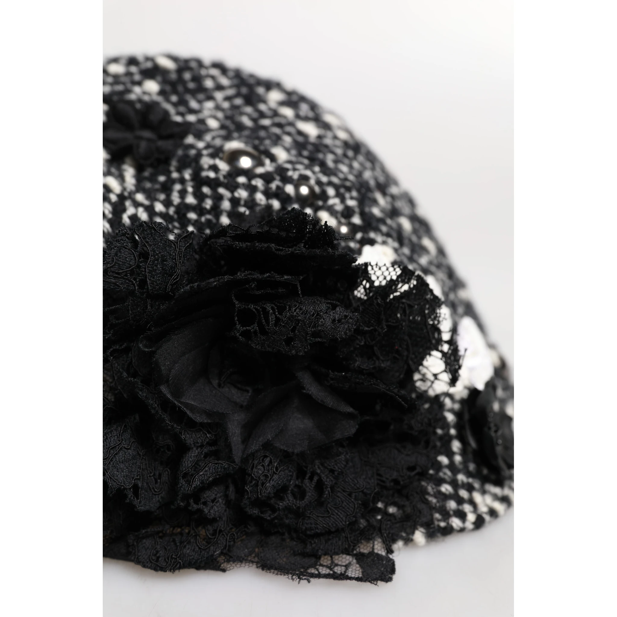 Black Wool White Floral Embellished Cloche Hat