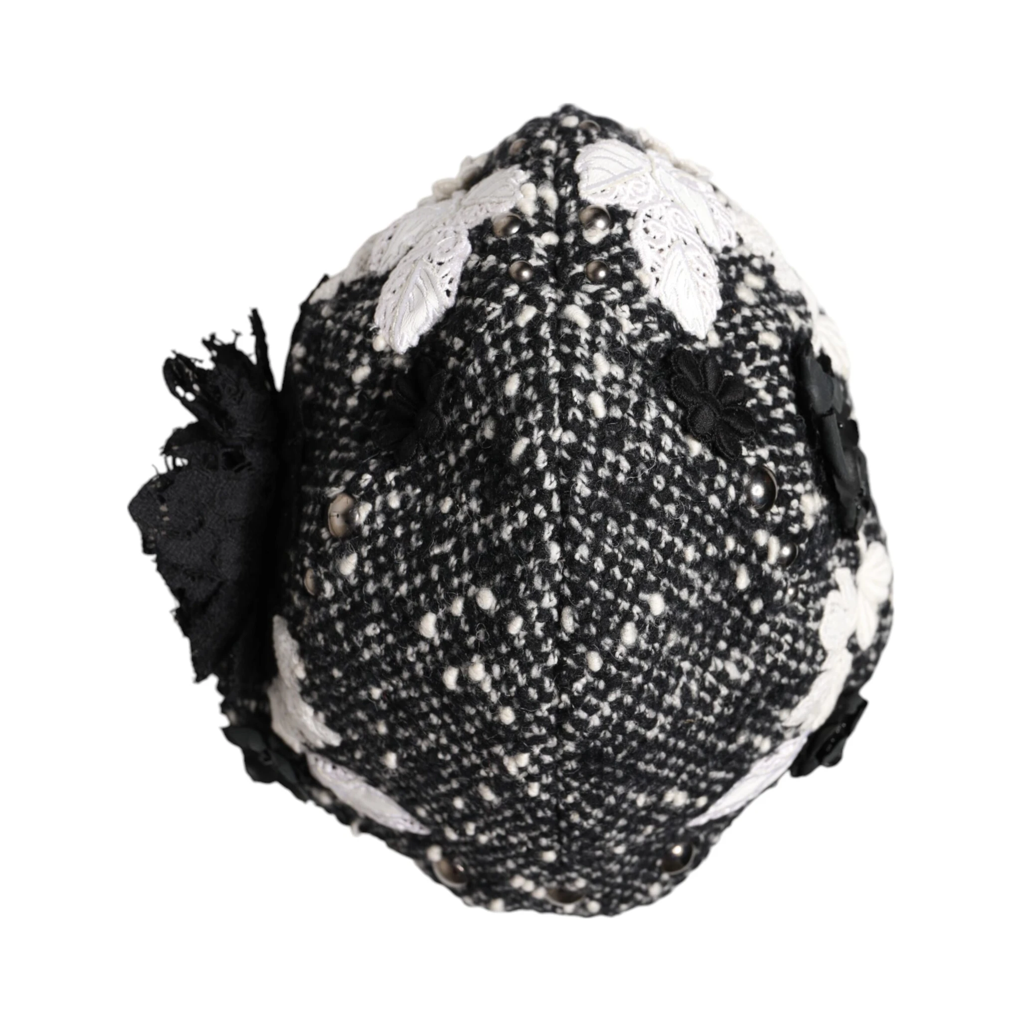 Black Wool White Floral Embellished Cloche Hat