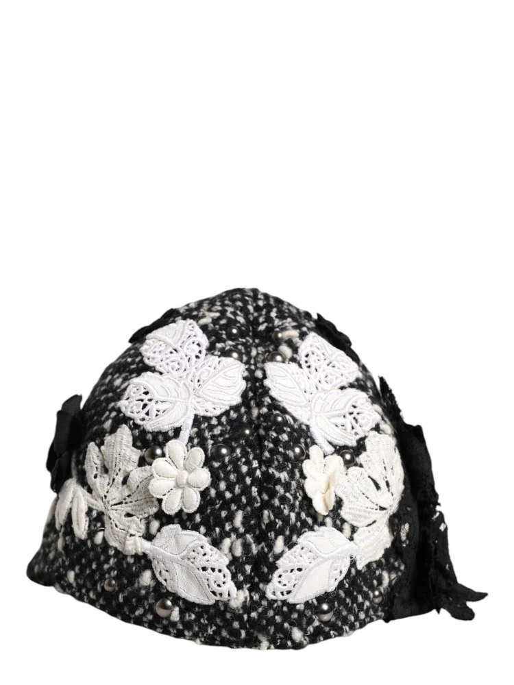 Black Wool White Floral Embellished Cloche Hat