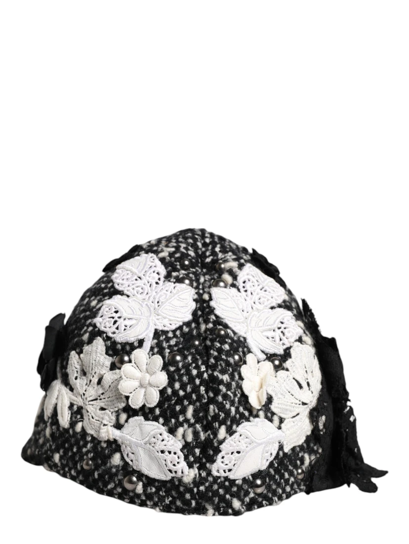Black Wool White Floral Embellished Cloche Hat
