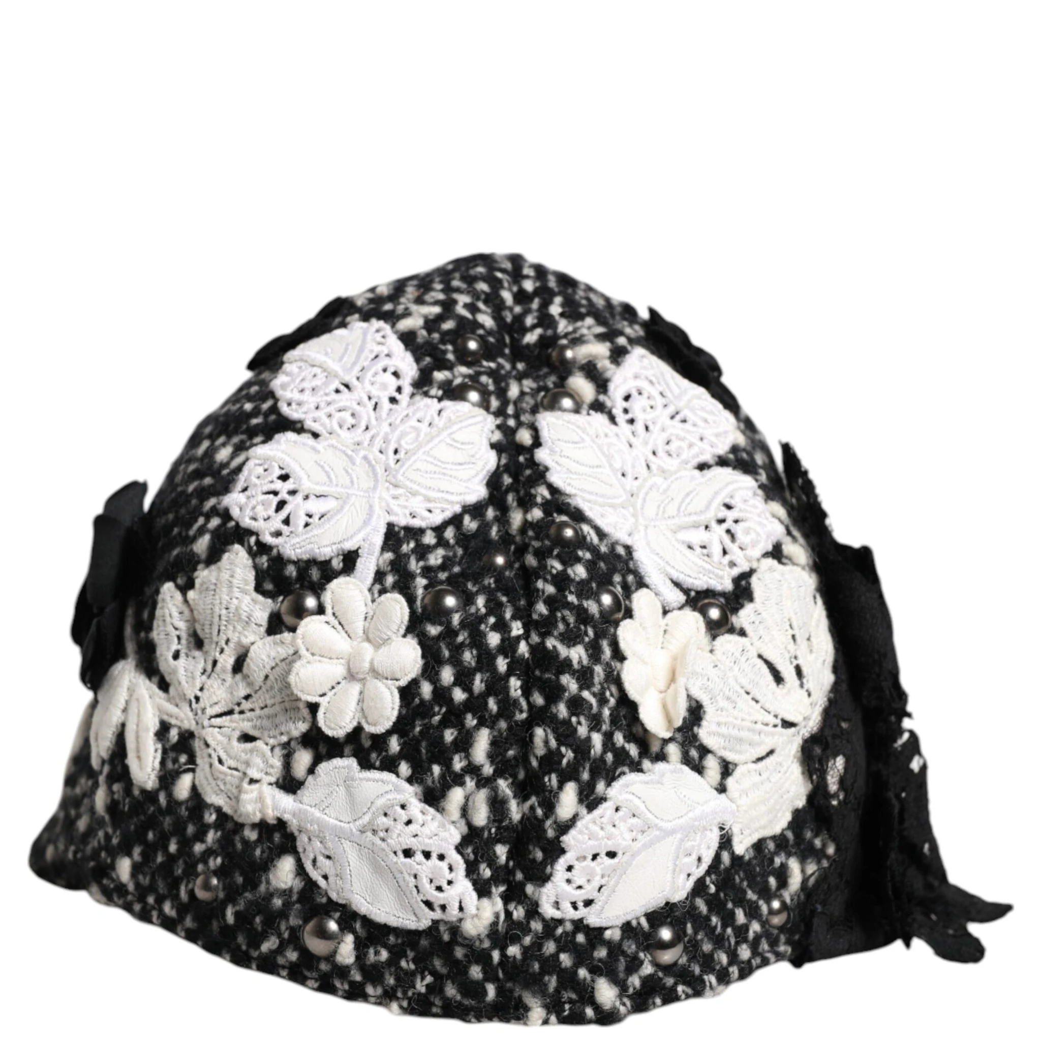 Black Wool White Floral Embellished Cloche Hat