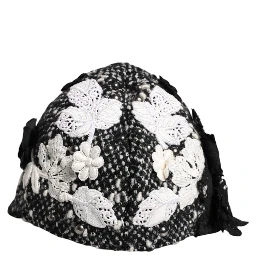 Black Wool White Floral Embellished Cloche Hat