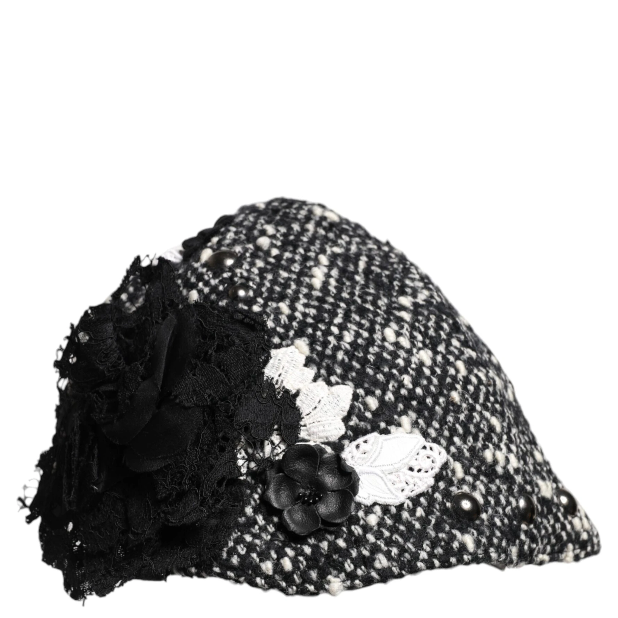 Black Wool White Floral Embellished Cloche Hat