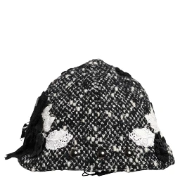 Black Wool White Floral Embellished Cloche Hat