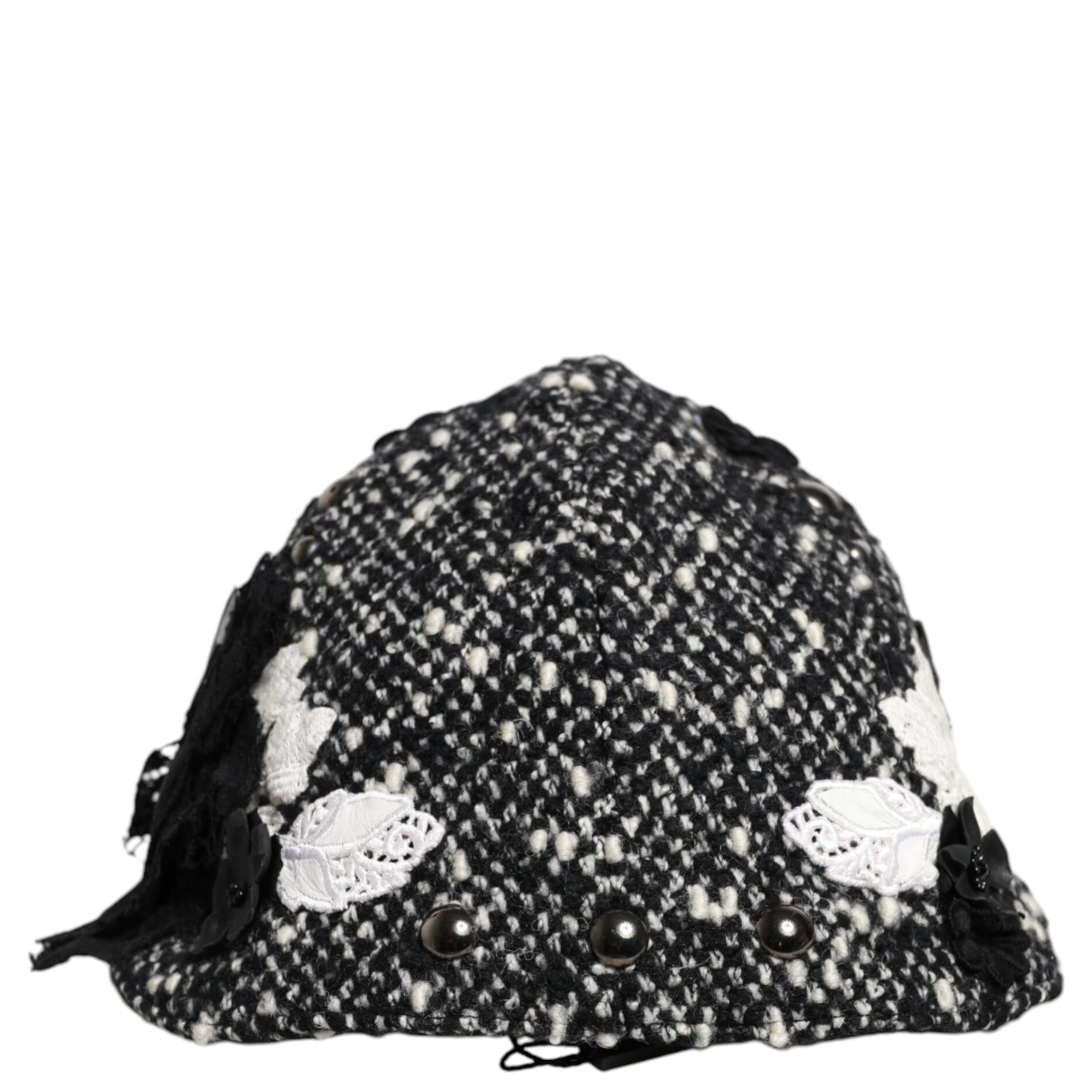 Black Wool White Floral Embellished Cloche Hat