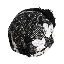 Black Wool White Floral Embellished Cloche Hat