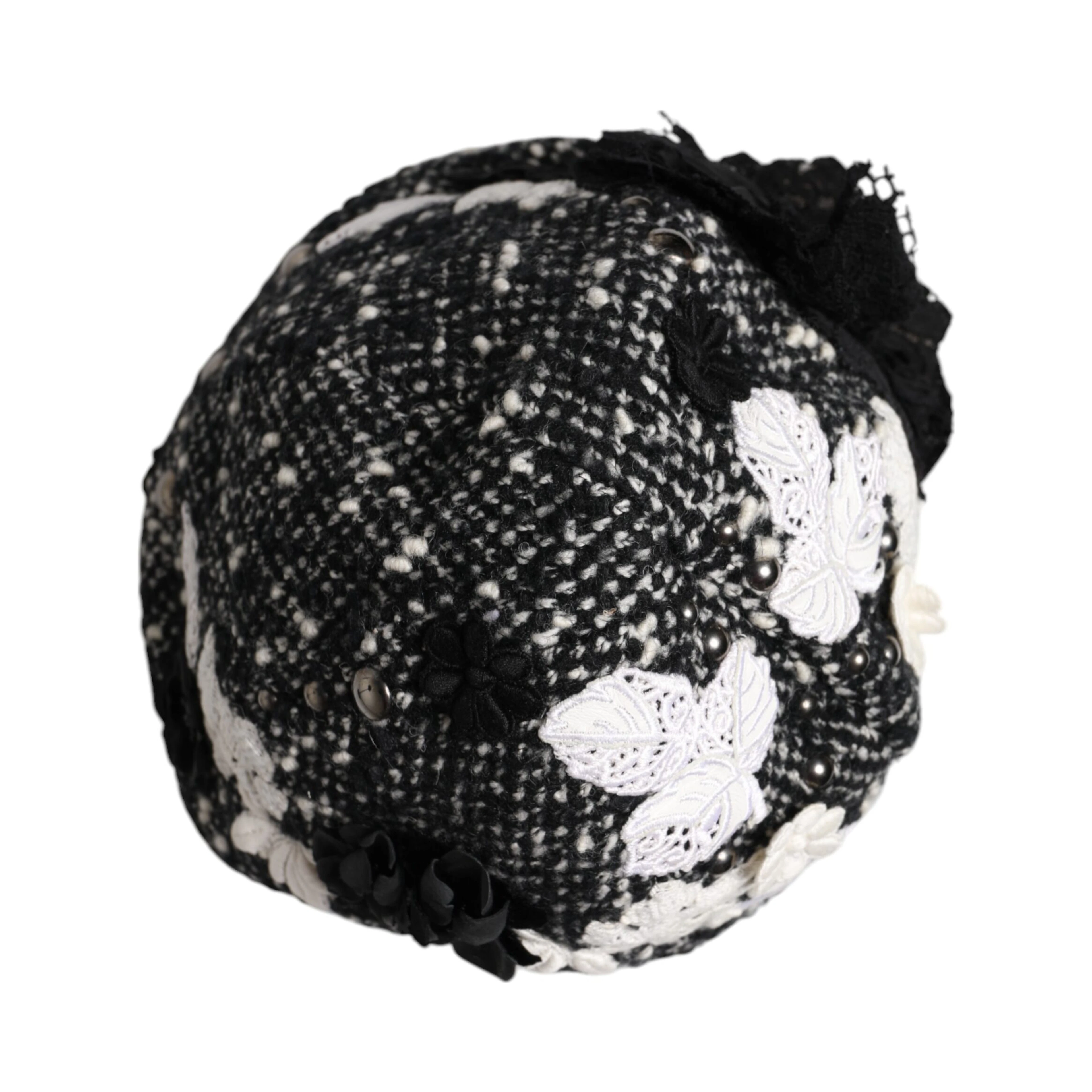 Black Wool White Floral Embellished Cloche Hat