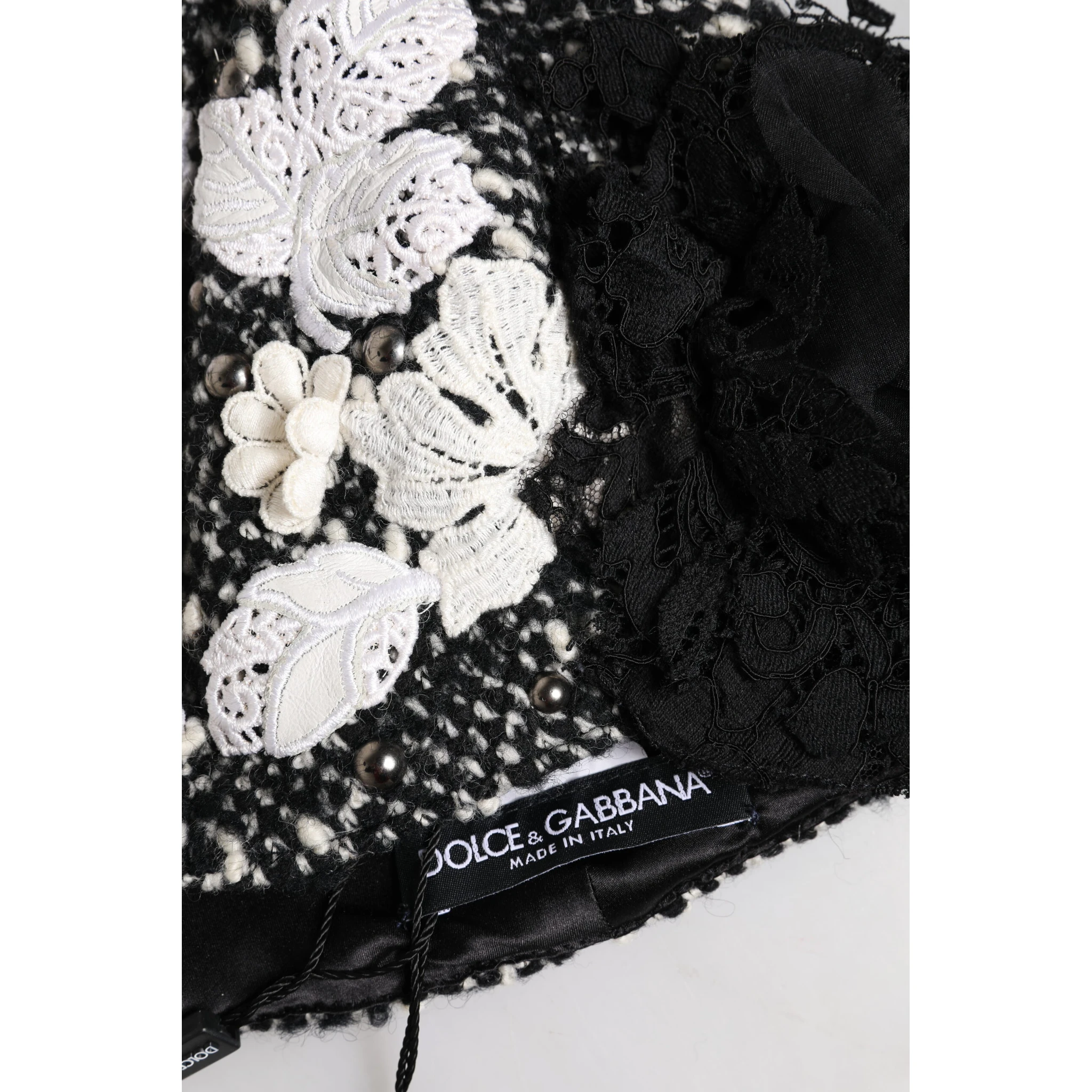 Black Wool White Floral Embellished Cloche Hat