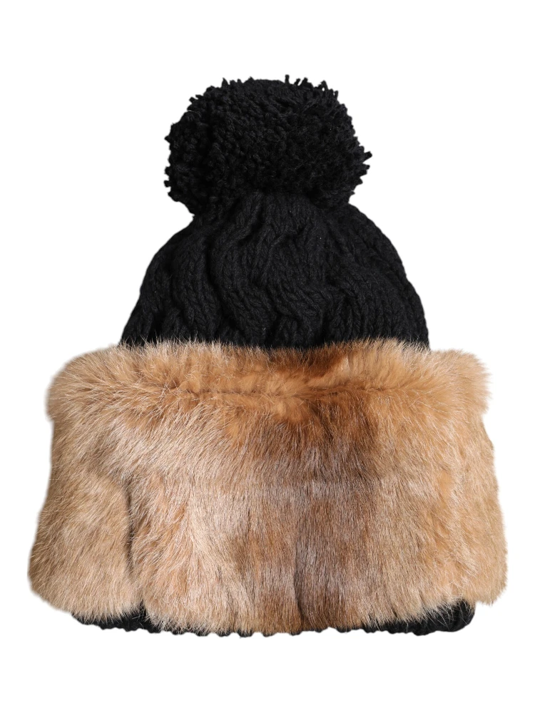 Black Brown Dyed Rabbit Real Fur Winter Beanie Hat alternative