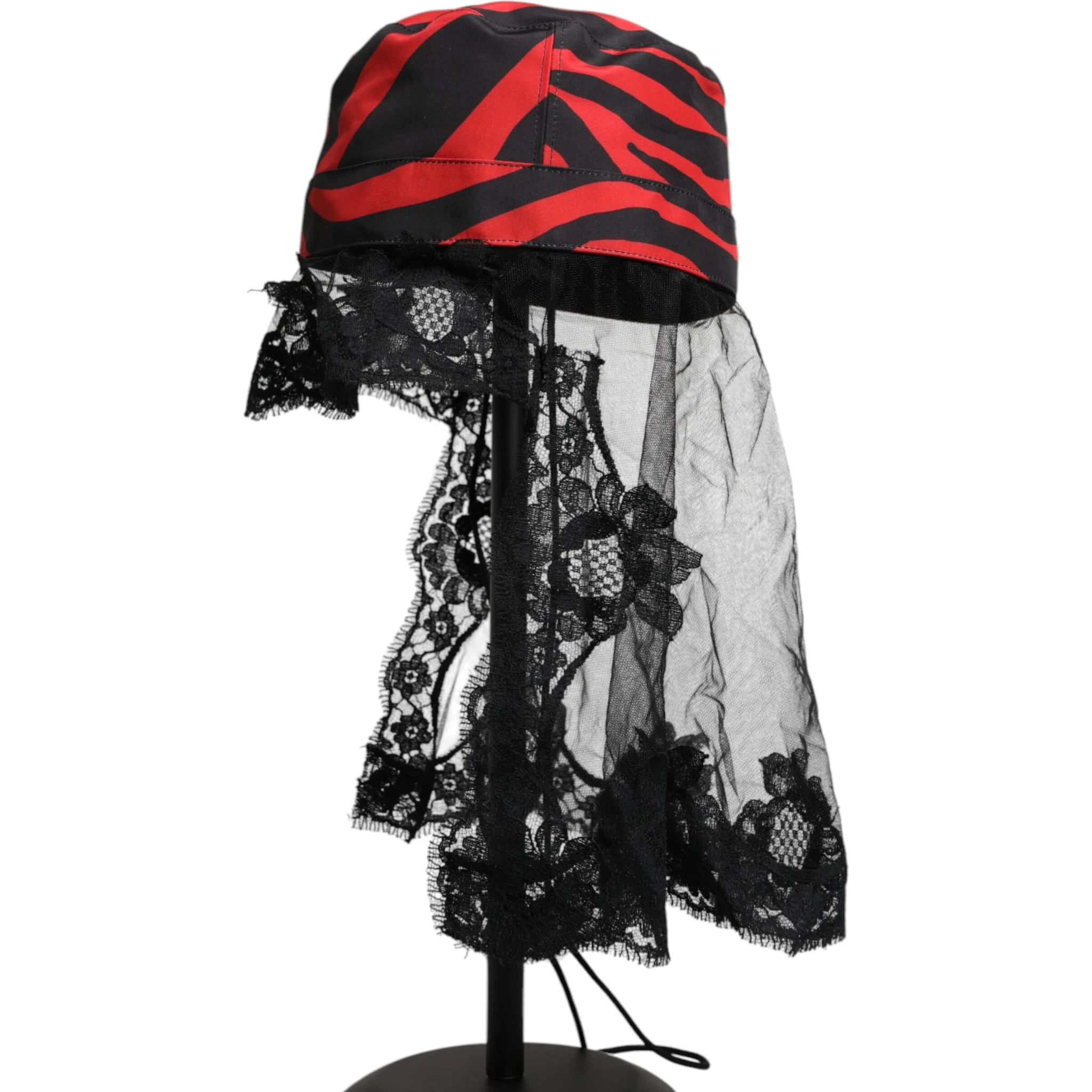 Black Red Stripes Lace Tulle Bucket Hat