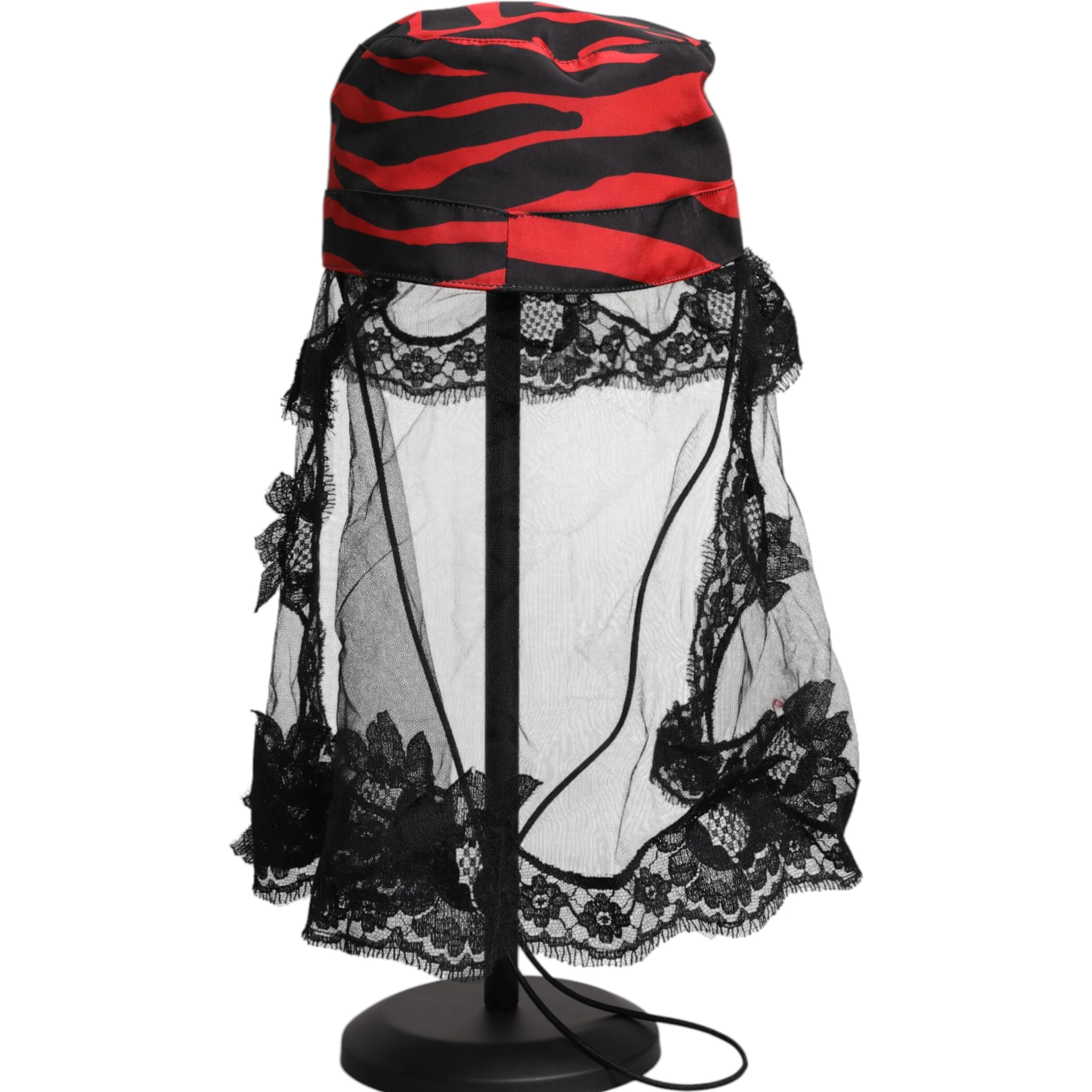 Black Red Stripes Lace Tulle Bucket Hat