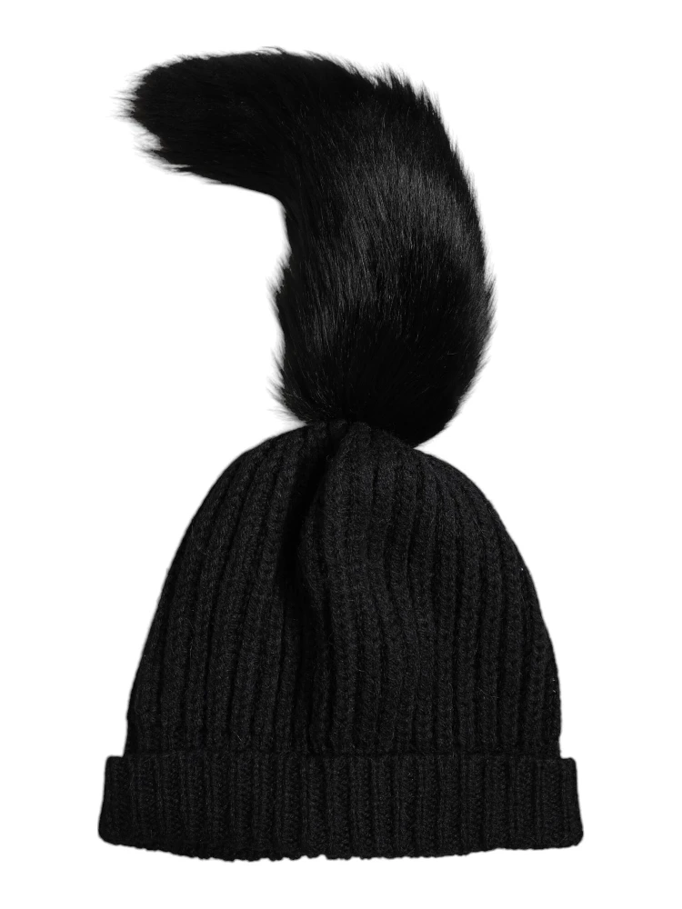 Black Acrylic Knitted Fur Winter Beanie Hat