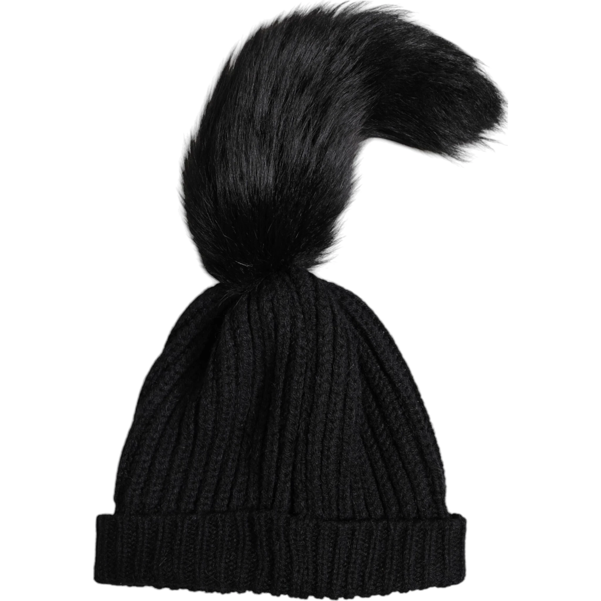Black Acrylic Knitted Fur Winter Beanie Hat
