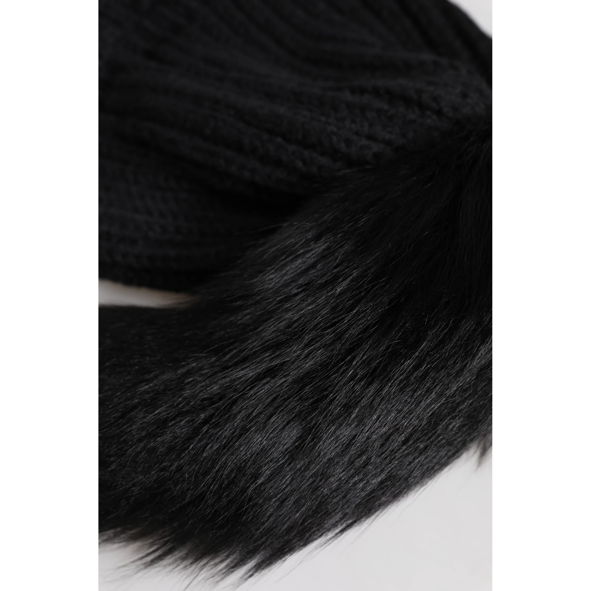 Black Acrylic Knitted Fur Winter Beanie Hat