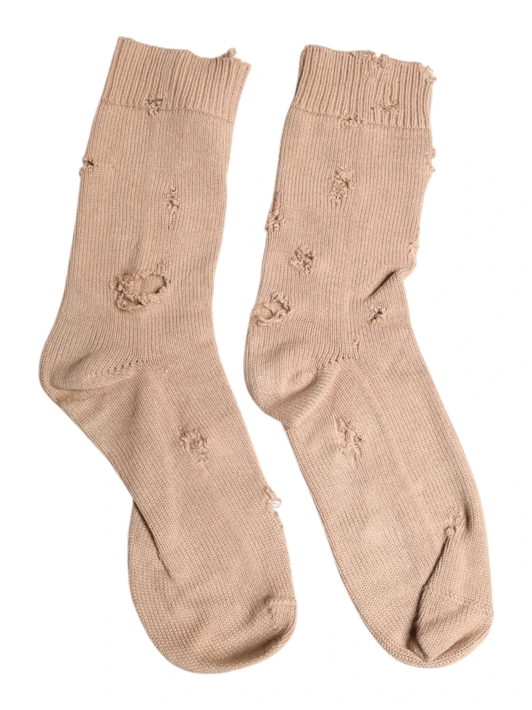 Beige Solid Stretch Mid Calf Men Socks