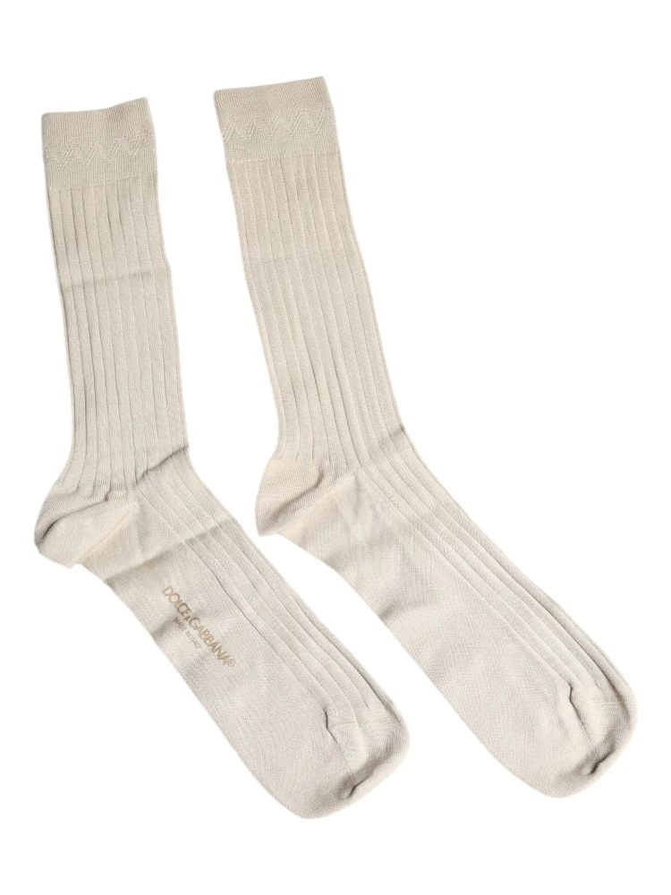 Beige Cotton Stretch Logo Mid Calf Socks