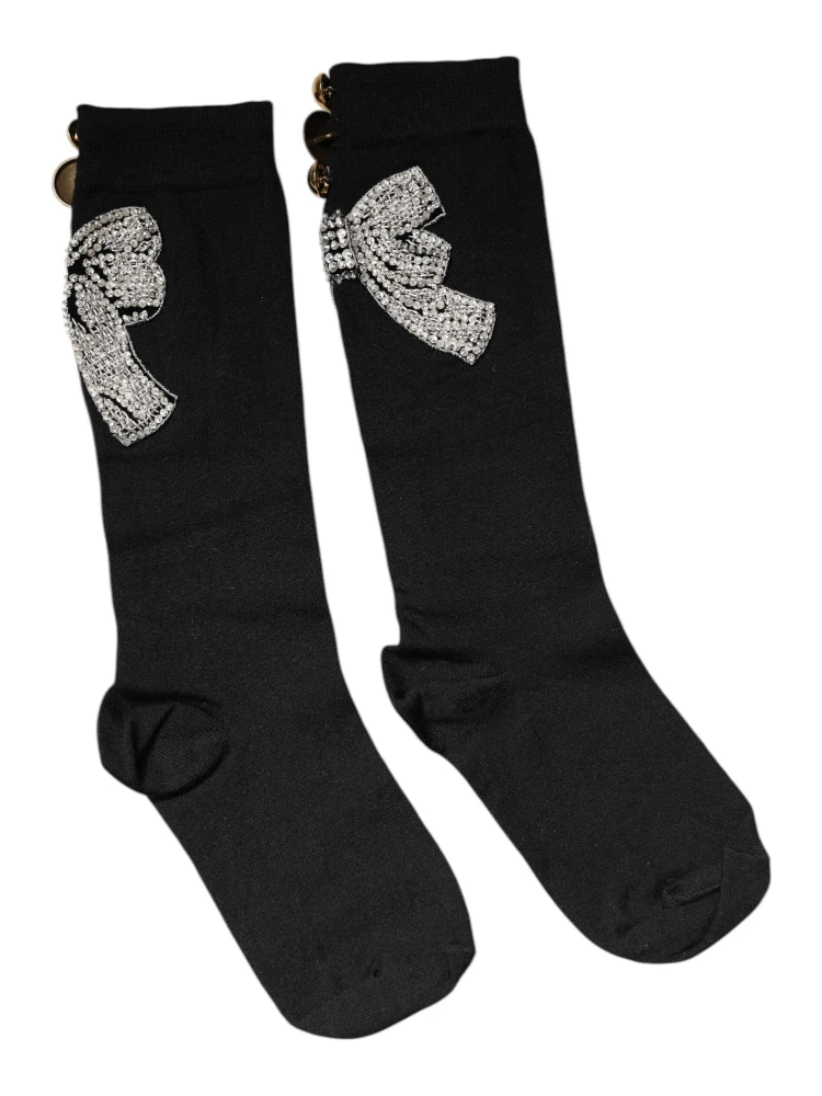 Black Knit Floral Crystal Embellishment Socks