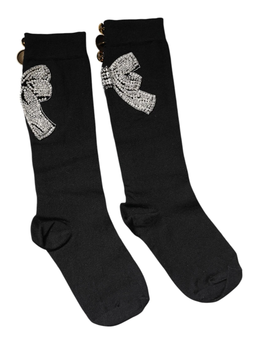Black Knit Floral Crystal Embellishment Socks